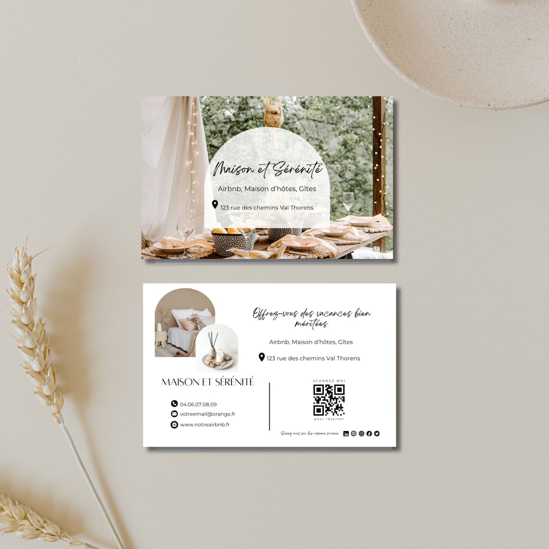 Airbnb carte de visite gîte, location saisonnière avec emplacement QR code, pour une