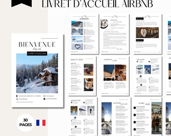 AIRBNB livret d'accueil en français 30 pages, thème ski montagne, location saisonnière, Modèles livret accueil, airbnb template canva