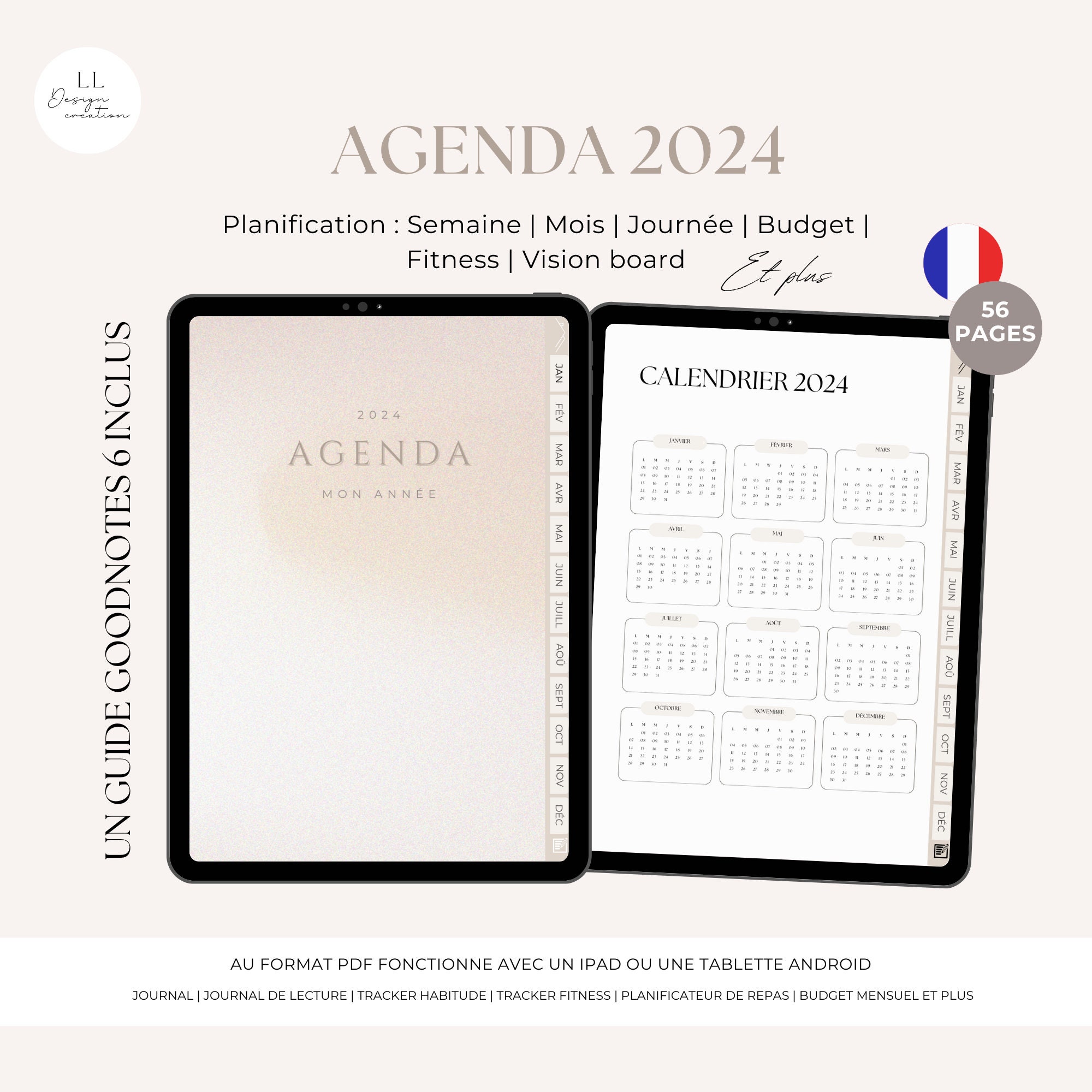 Calendrier de l'année 2024  Agenda Français 2024 by digital well