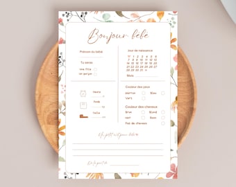 Baby shower predictions, baby floral card in French to print