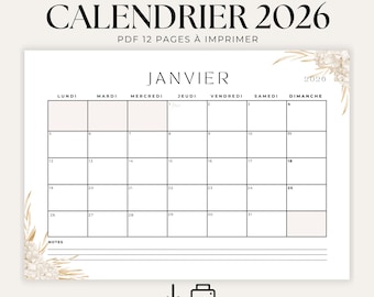 Calendrier 2026 à imprimer français | Calendrier murale 2026 | Calendrier mensuel | Planificateur 2026 | PDF imprimable