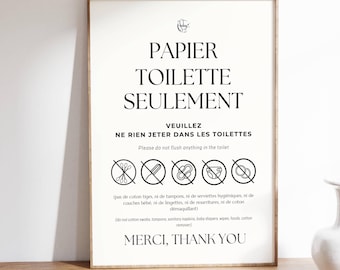 "Do not flush anything down the toilet" poster in French and English - Toilet/Sensitive drain sign - Printable wall decoration