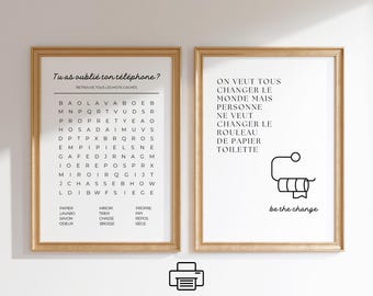 Printable toilet poster x2: Word search poster and humorous toilet poster, Bathroom poster for guests,