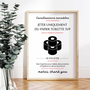 Póster imprimible de inodoro con cisterna que solo permite el uso de papel higiénico para invitados | Airbnb | Cartel del baño | Baño | en francés e inglés