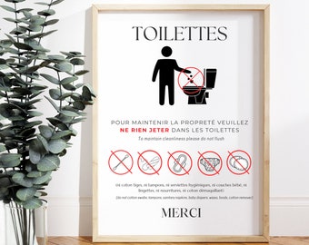 Toilet signs for Airbnb guests: No flushing | Printable | Toilet poster | Bathroom | in French and English