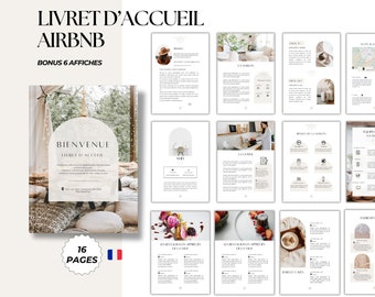 AIRBNB livret d'accueil en français 16 pages, 6 affiches airbnb offerts, location saisonnière, Modèles livret accueil, airbnb TEMPLATE canva