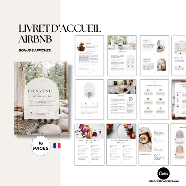 AIRBNB livret d'accueil en français 16 pages, 6 affiches airbnb offerts, location saisonnière, Modèles livret accueil, airbnb TEMPLATE canva
