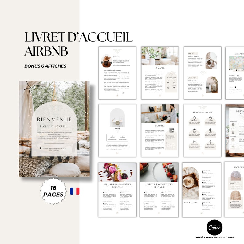 AIRBNB livret d'accueil en français 16 pages, 6 affiches airbnb offerts, location saisonnière, Modèles livret accueil, airbnb TEMPLATE canva image 1