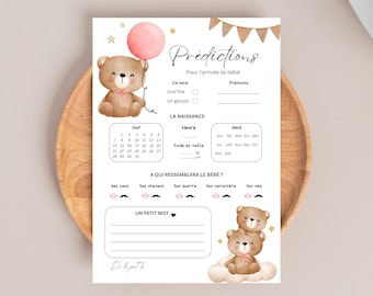 Baby Predictions in French | Printable Card | Brown Bear Baby Shower Game | Birth Predictions | Printable PDF