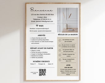 AFFICHE bienvenue AIRBNB en français avec Qr code, Panneau location saisonnière, Format A4, Template canva, gîtes