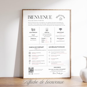 Peut inclure: Une affiche de bienvenue rectangulaire blanche avec du texte et des icônes noirs. Elle présente des sections pour les contacts, les urgences, le Wi-Fi, les instructions de départ et le règlement intérieur en français et anglais, avec un QR code.