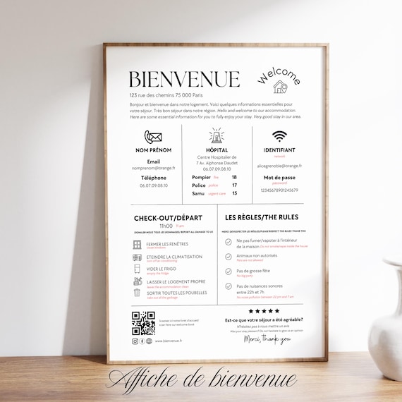 Affiche d'Accueil Airbnb en Français Anglais à personnaliser sur Canva, Panneau de bienvenue pour location saisonnière