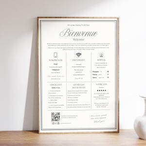 Affiche Accueil Airbnb Français Anglais personnalisable sur Canva Panneau Bienvenue pour location saisonnière PDF