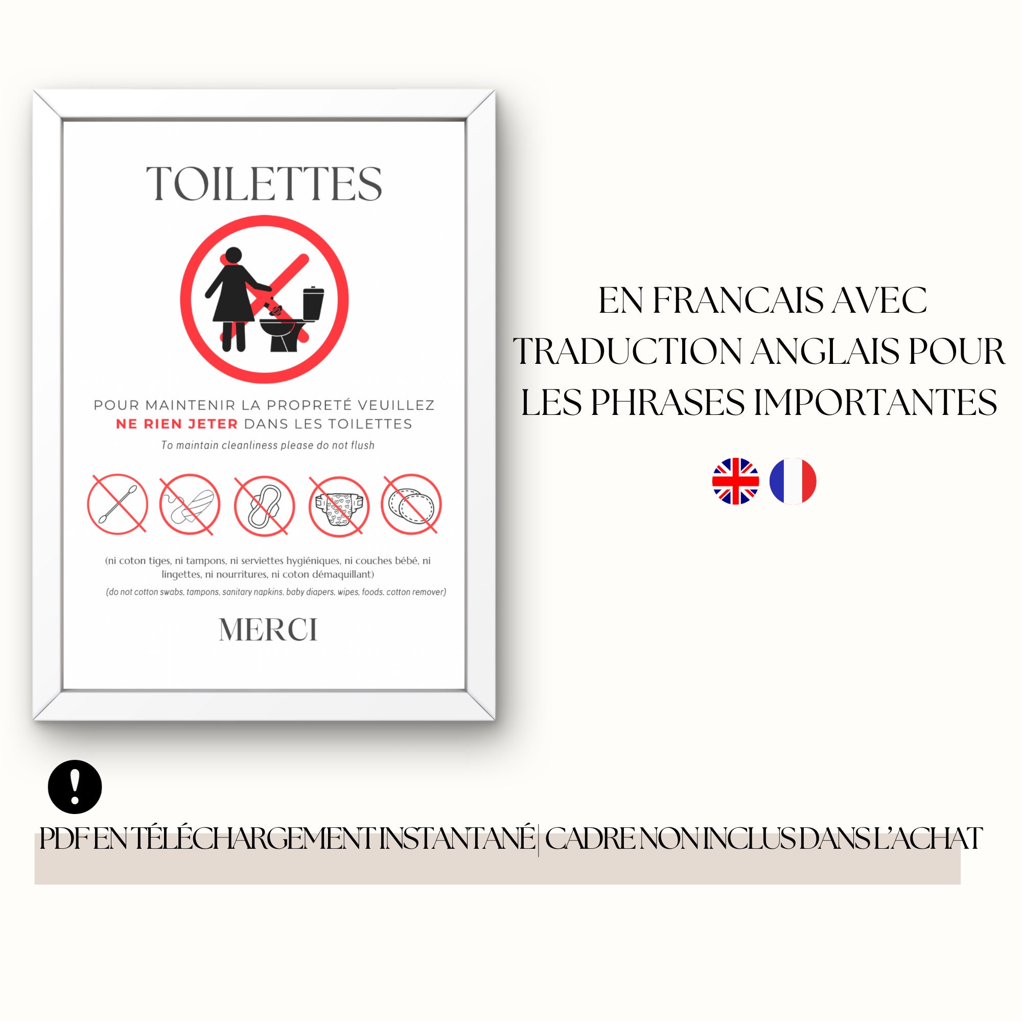 Affiche Ne rien jeter dans les toilettes Airbnb à imprimer pour invités Poster wc Salle de bain