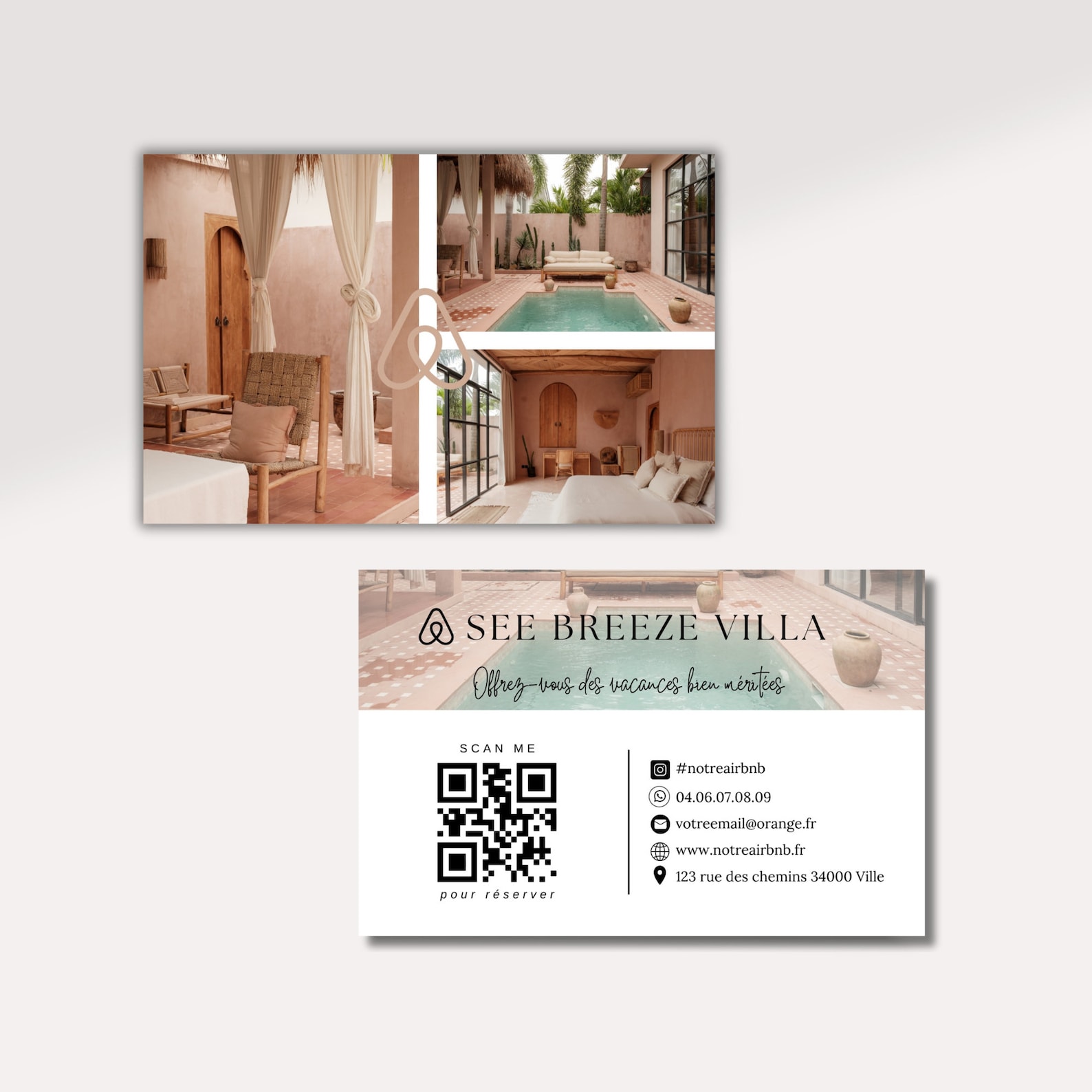 AIRBNB Carte de visite Airbnb location saisonnière avec emplacement QR code, pour une