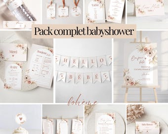 French Boho Baby Shower Pack, complete kit, games, invitation, customizable decoration on Canva