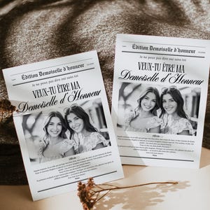 Carte Demande Témoin femme Français- Gazette des mariés, témoins, mariage- Personnalisable sur Canva-Demande demoiselle d'honneur