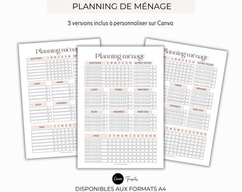 Check-list de ménage en français | Planning de nettoyage | Modèle de ménage à personnaliser sur Canva | To do list de nettoyage | 3 versions