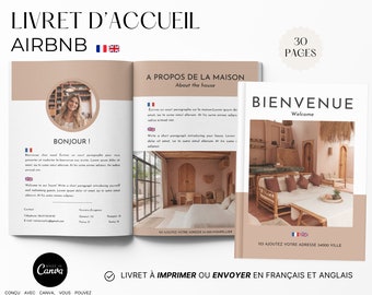 Livret accueil AIRBNB en français et anglais de 30 pages marron  | Modèle guide bienvenue location saisonnier à personnaliser sur Canva