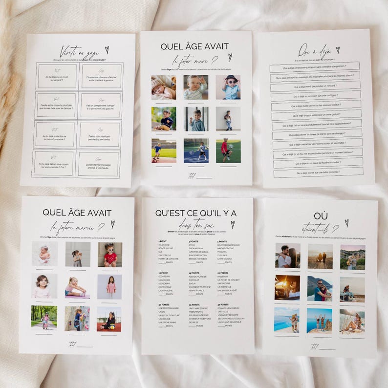 May include: A collection of six white paper sheets with black text and images. The sheets feature various games and questions, including photo grids and fill-in-the-blank prompts. The overall theme is party games.