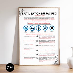 Puede incluir: Un póster enmarcado con el texto "L'UTILISATION DU JACUZZI" y "USING THE JACUZZI". El póster incluye iconos e instrucciones para el uso del jacuzzi, como no mascotas, fumar o alcohol. El póster está decorado con hojas.