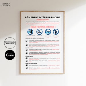 Plantilla de póster de Airbnb Normas internas Piscina Alquiler por temporada Francés Inglés para personalizar en Canva, Plantilla de Airbnb