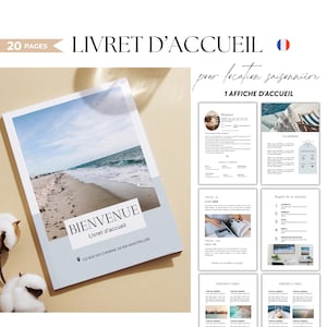 Folleto de bienvenida de Airbnb en francés, Airbnb playa, plantilla de 20 páginas para personalizar en Canva, 1 cartel de bienvenida, vacaciones