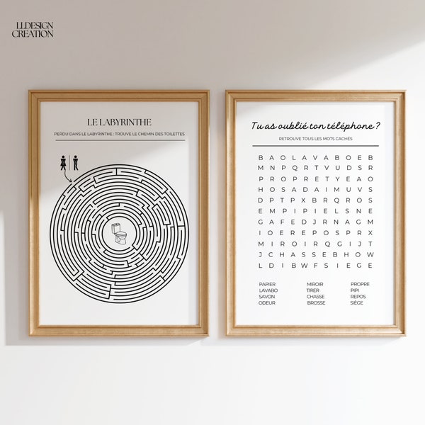 Affiches de Labyrinthe Toilette et de Mots Mêlés  | Déco Originale pour un Séjour Airbnb  | Formats A4 à Imprimer