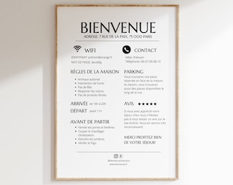 AIRBNB affiche bienvenue modèle en français, 3 formats, règles de la maison, panneau location saisonnière, gîtes, à personnaliser sur Canva