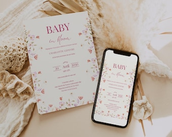 Personalized French Baby Shower Invitation for Girls: Baby in Bloom Floral Spring - Digital Invitation Card