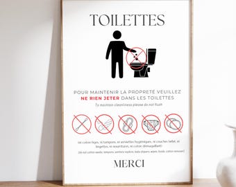 Toilet signs for Airbnb guests: No flushing | Printable | Toilet poster | Bathroom | in French and English