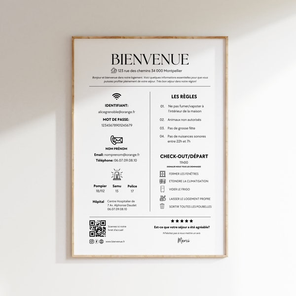 Affiche d'Accueil Airbnb en Français à personnaliser sur Canva, panneau bienvenue pour location saisonnière