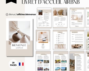 Livret accueil airbnb français et 2 affiches bienvenue avec QR code, beige, Guide en français pour location saisonnière de 20 pages