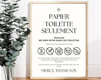 "Do not flush anything down the toilet" poster in French and English - Toilet/Sensitive drain sign - Printable wall decoration
