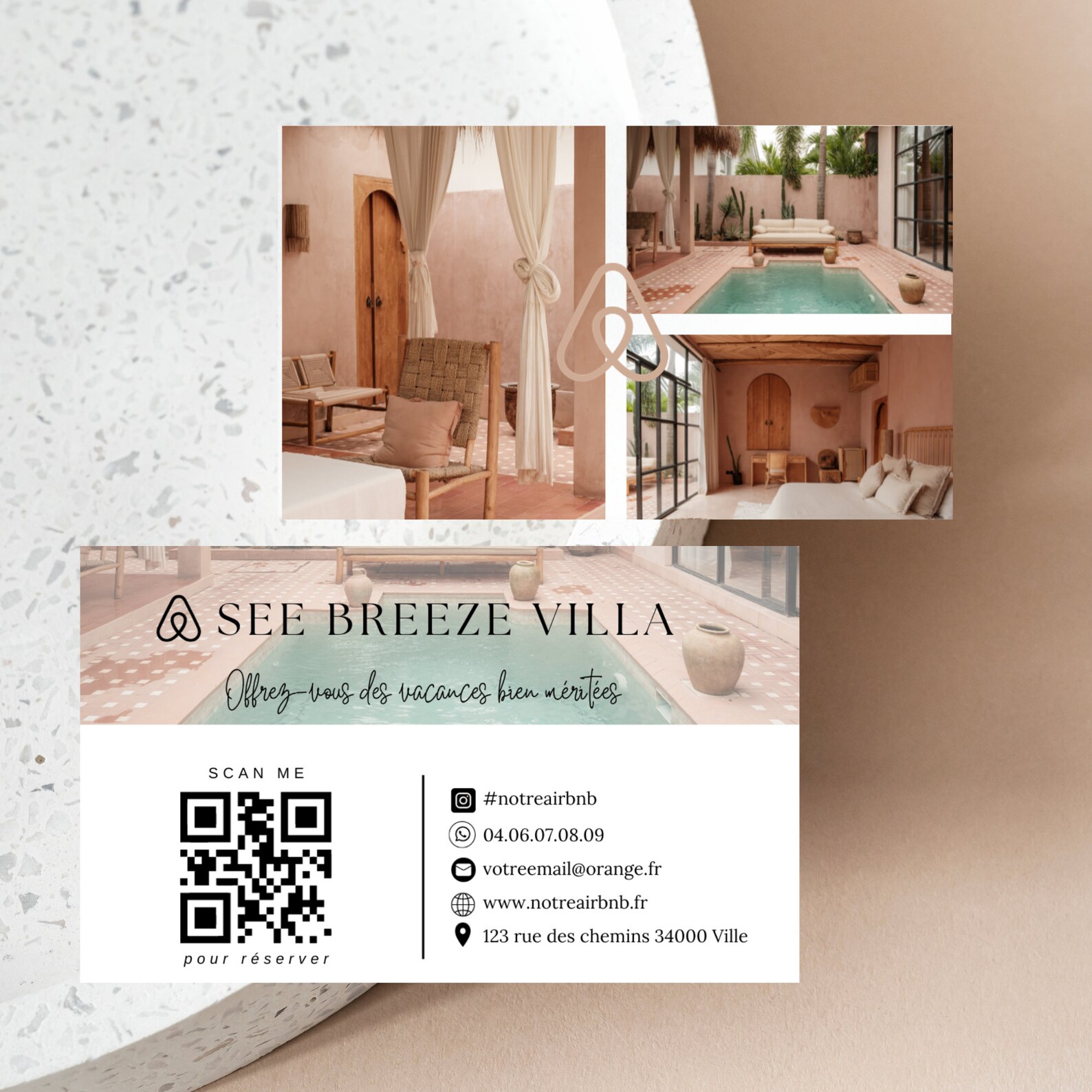 AIRBNB Carte de visite Airbnb location saisonnière avec emplacement QR code, pour une