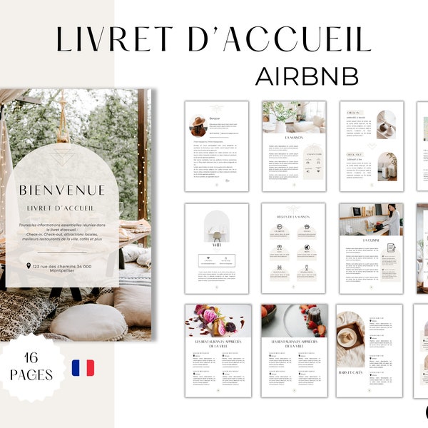 AIRBNB livret d'accueil en français 16 pages, 6 affiches airbnb offerts, location saisonnière, Modèles livret accueil, airbnb TEMPLATE canva