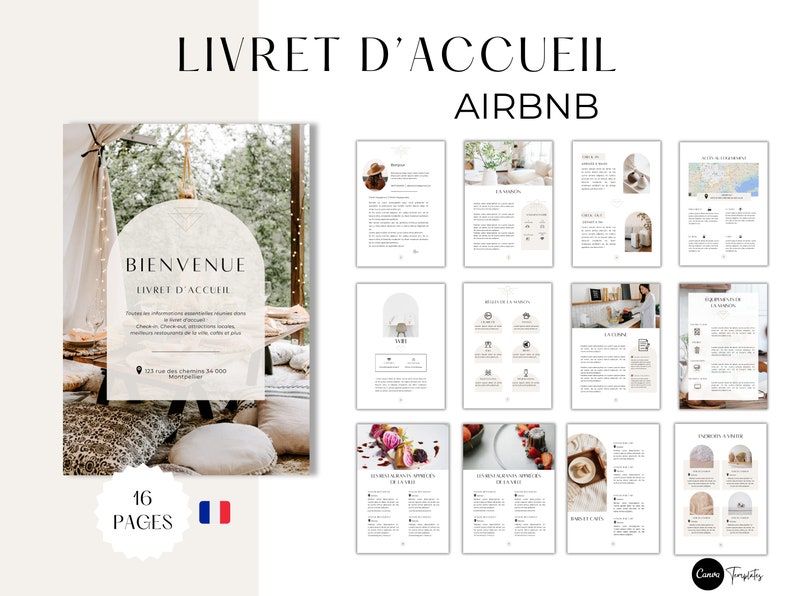 AIRBNB livret d'accueil en français 16 pages, 6 affiches airbnb offerts, location saisonnière, Modèles livret accueil, airbnb TEMPLATE canva image 1