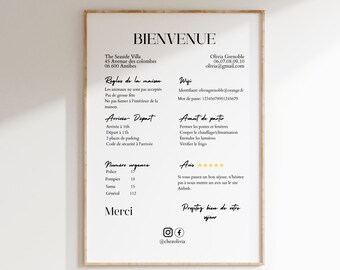 AFFICHE bienvenue AIRBNB en français, Panneau bienvenue format A4 location saisonnière, règles de la maison, template canva, airbnb template