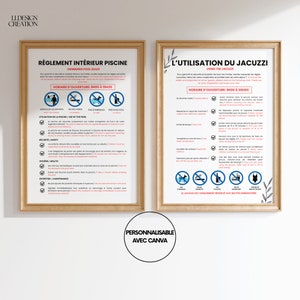 Póster Airbnb Reglamento Interno Piscina Alquiler Temporada Francés Inglés y Reglamento Interno del Jacuzzi para personalizar en Canva