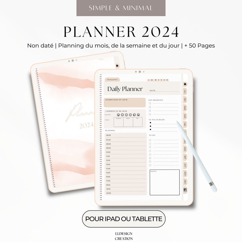 Planner digital 2024 en français Planificateur numérique 50 pages avec des liens hypertextes pour GoodNotes ou autres applications Pdf image 1