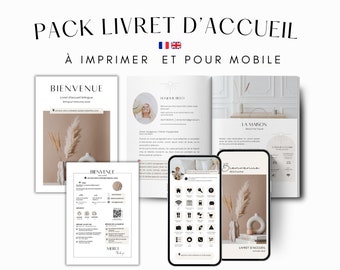 PACK: Modèle livret d'accueil AIRBNB en français anglais 16 pages, 1 livret digitale numérique 20 pages, 1 affiche bienvenue à personnaliser