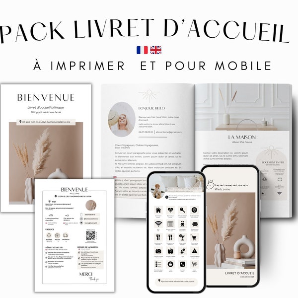 PACK: Modèle livret d'accueil AIRBNB en français anglais 16 pages, 1 livret digitale numérique 20 pages, 1 affiche bienvenue à personnaliser