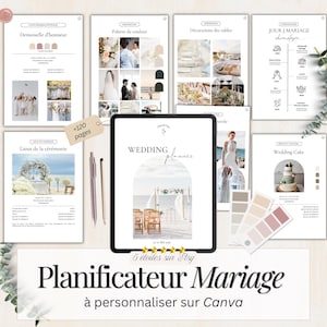 Op de afbeelding: Een digitale trouwplanner op een tablet, omringd door pagina's met designideeën. De planner heeft de tekst "WEDDING planner" en de zin "5 étoiles sur Etsy". De afbeelding bevat kleurenpaletten en bruiloftinspiratie.