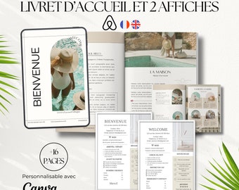 Livret d'accueil en français et anglais AIRBNB 16 pages | Affiche bienvenue | Location saisonnière | Modèle personnalisable sur Canva