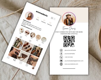 INSTAGRAM Business Card Template vertical , BOHO IG business card, qr code card,premade business cards, dIY Canva Editable