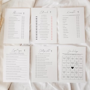May include: Six white paper sheets with black text and check boxes. The sheets have different titles, including "Pas en moins", "Elle en for", and "Je de bingo". The sheets are arranged on a white surface.