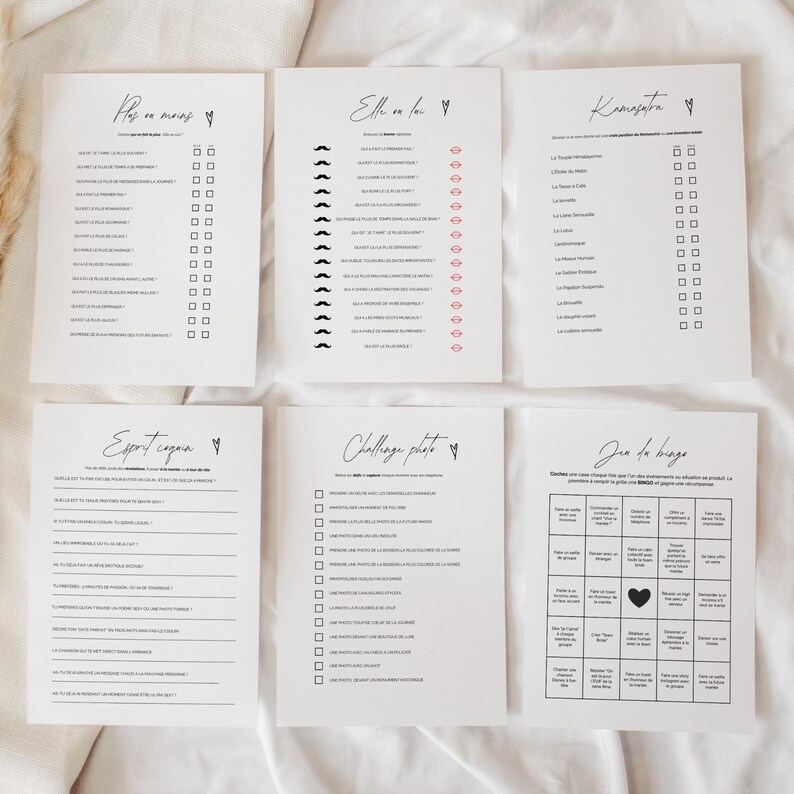 May include: Six white paper sheets with black text and check boxes. The sheets have different titles, including "Pas en moins", "Elle en for", and "Je de bingo". The sheets are arranged on a white surface.