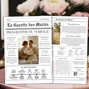 Gazette des mariés 2 pages, Journal de mariage élégant à personnaliser sur Canva, Programme, cadeau invité, Bonus 60 icônes
