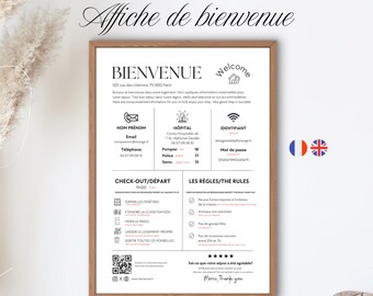 Cartello di benvenuto Airbnb personalizzabile in francese e inglese su Canva, cartello di benvenuto per case vacanze