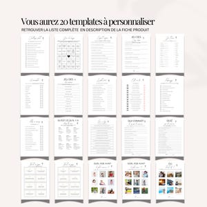 May include: A collection of 20 customizable templates, each with a unique design. The templates are printed on white paper with black text. The text includes phrases like "Jeu des" and "Quiz". The image also includes the text "Vous aurez 20 templates &agrave; personnaliser".